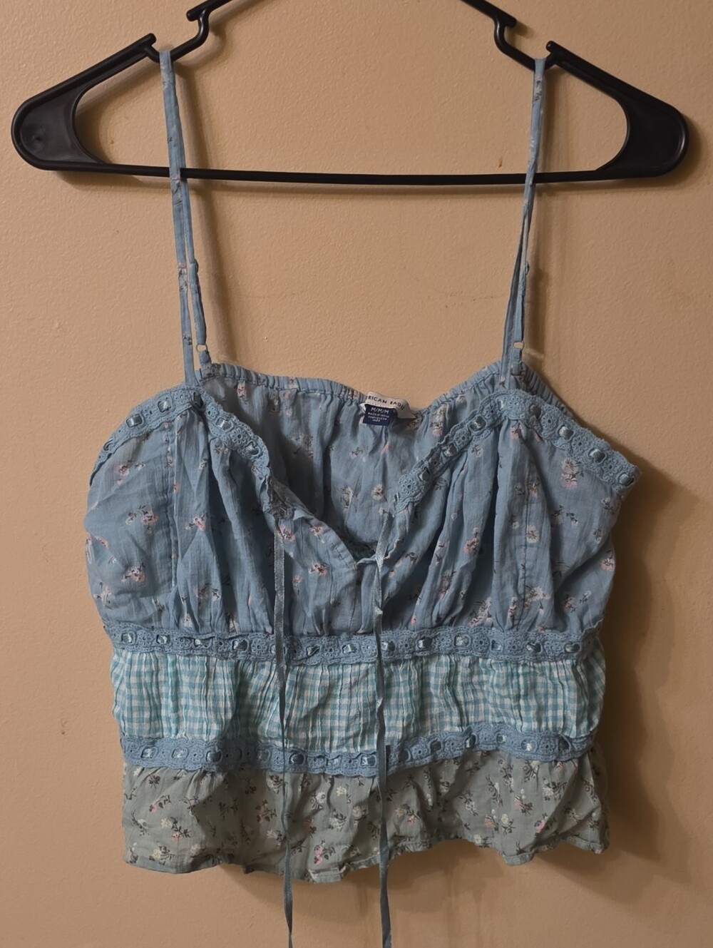 American Eagle Outfitters Light Green Floral Ruffle Cami with Gingham Trim